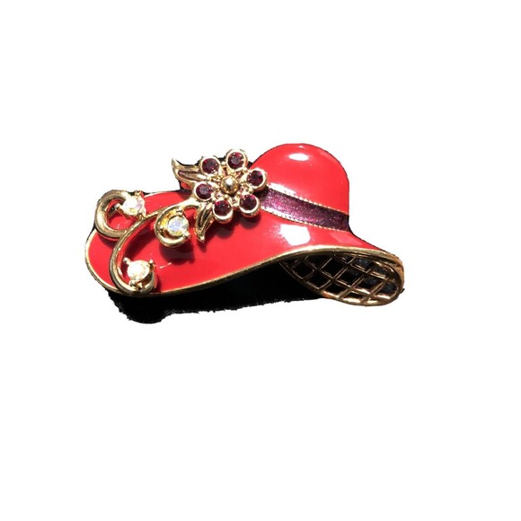 Red Hat Society Gold Enameled Brooch With Glass Crystal Stones, Vintage Brooch - Picture 2 of 7